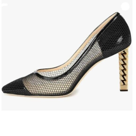 FSJ Black Block High Heel Clear Pump Pointed Toe Slip On Evening Ladies Shoes - Picture 1 of 8